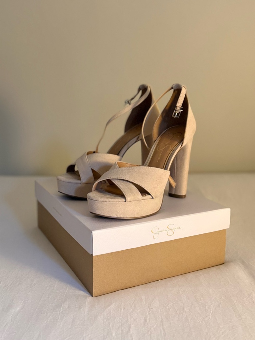 Jessica Simpson Nude Suede Platform Ankle-Strap Heels